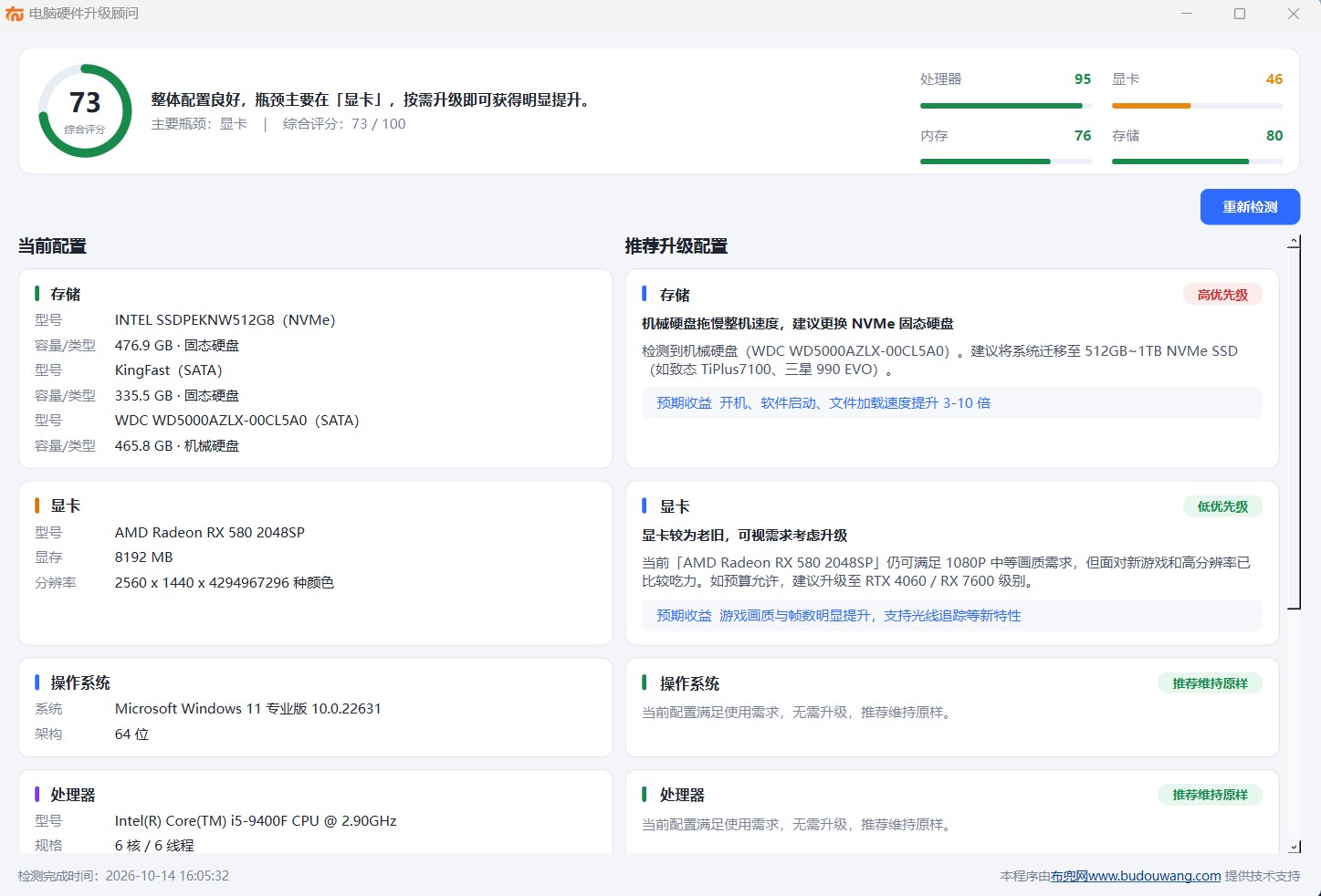 电脑硬件升级顾问界面截图:综合评分 73 分,并给出处理器、显卡、内存、存储四项分项评分